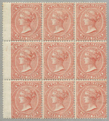 1860/1902, 3d dull red in left wing-marginal mint block of nine, 7 ...