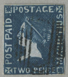 1859, 2d deep blue on bluish paper, four close to clear margins, ...
