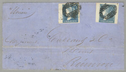 1860, 2d+2d, bright blue, Dardenne issue, positions 18 and 4, on ...