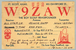 1938, decorative Boy Scout amateur radio QSL postcard from W9ZAW Gene ...