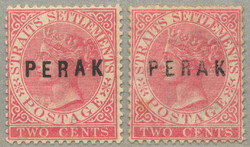 1882, 2c, rose, (2), different PERAK opts, LPOG, perf. 14, desirable, ...