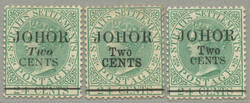 1891, 2c on 24c, set of (3) different JOHOR Two CENTS opts - 17, 19, ...