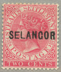 1883, 2c, rose, SELANGOR opt - SE wide, type 15, LPOG, perf. 14, very ...