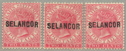 1883, 2c, rose, (3), SELANGOR opts - type 15, 2 and 18, LPOG, perf. ...