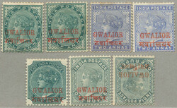 1885-97, 1/2a-1r, set of (4+3), red GWALIOR and Sanskrit opt, 2 ...