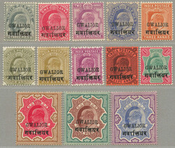 1908-11, 3p-5r, complete set of (13), wmk star, GWALIOR 13mm and ...
