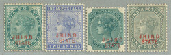 1886, 1/2a-1r, complete set of (4), wmk star, JHIND STATE in red opt, ...
