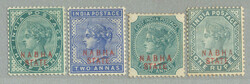 1885-00, 1/2a-1r, complete set of (4), wmk star, red NABHA STATE opt, ...
