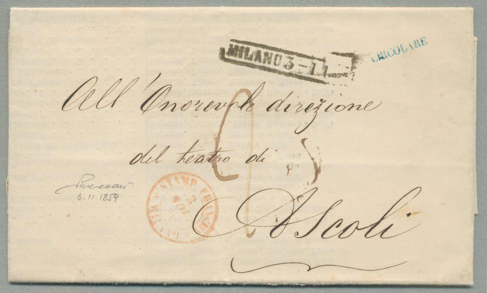 1859, from Milano to Ascoli, printed matter (circular) with framed ...
