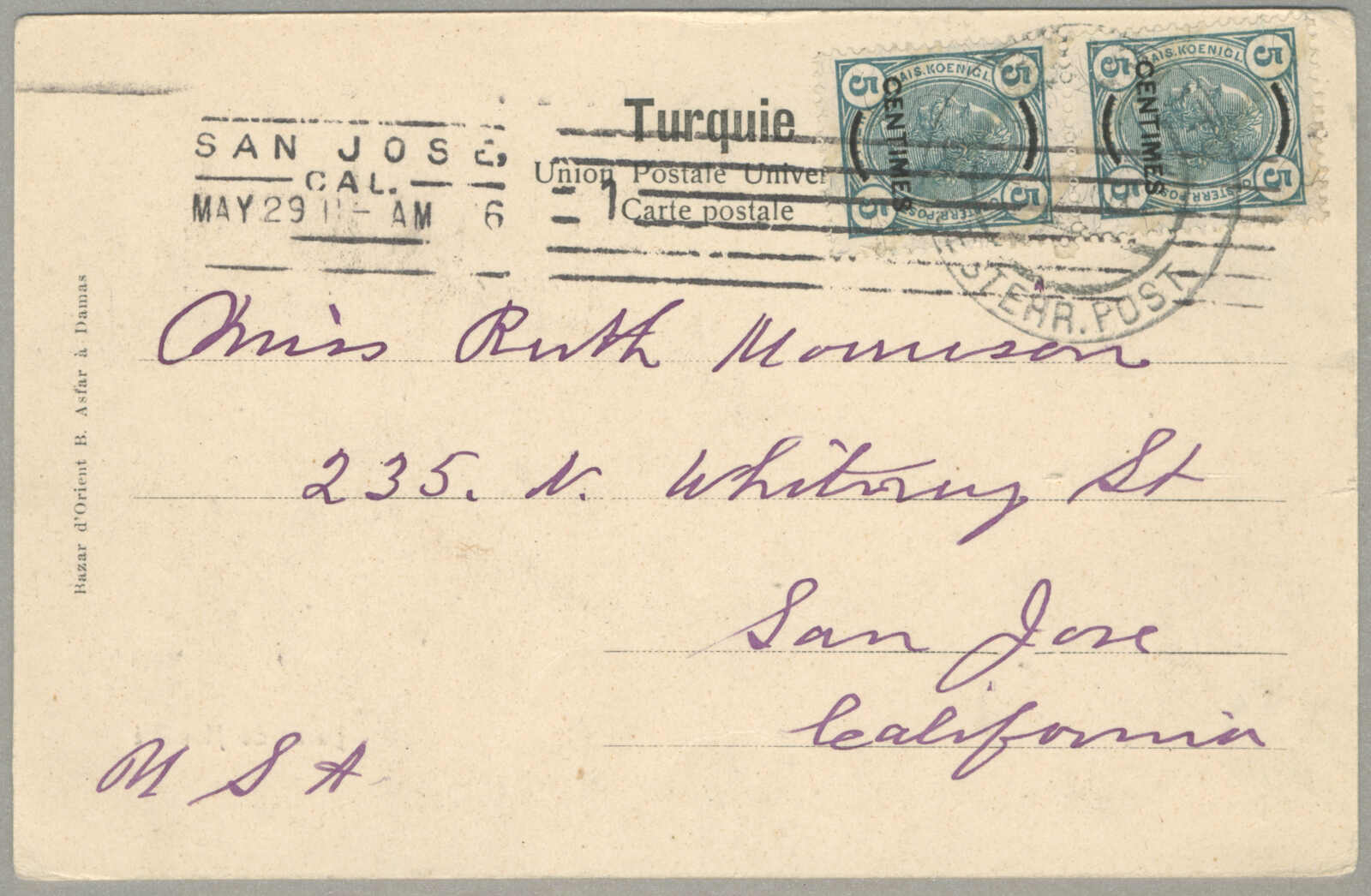 1909, from Beirut to San Jose, California, picture postcard franked ...
