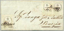 1854, 15+15+15C, fiscal stamps - first print, (3), on letter from ...