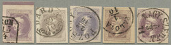 1867, 1 kr, violett, Type I and II, lot of 5 stamps with wide to huge ...
