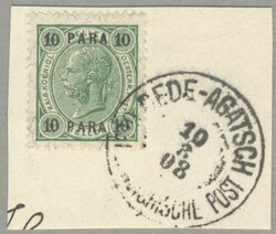 1908, 10 PARA green Franz Josef issue on small piece, tied by ...