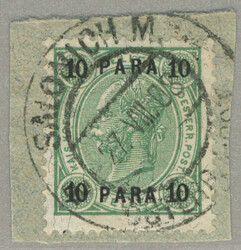 1906, 10 Para grass green, tied to piece by clear SALONICH M ÖSTERR ...
