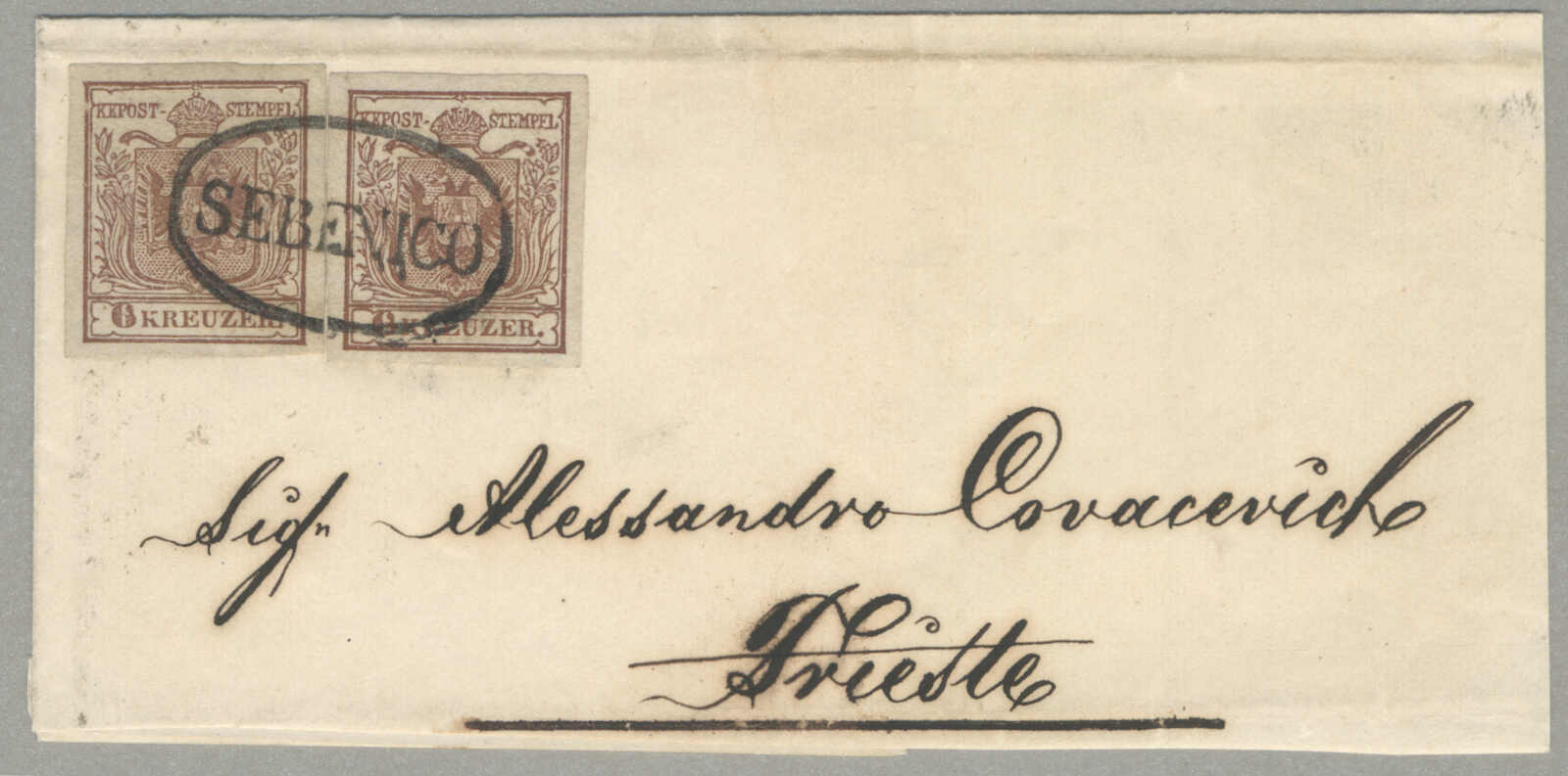 1850, 6+6kr, on letter remainder, bottom front and right side margin ...