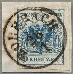 1850, 9 kr, blau, HP, Type IIIb, Briefstück, gestempelt ROHRBACH ...