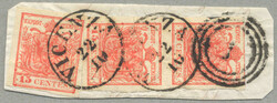 1850, Austrian cancel on Lombardy-Venetia stamp, 15+15+15C, red, one ...