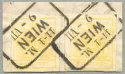 1850, 1kr, gelb, HP, Type III (2), auf Briefstück, gestempelt mit ...