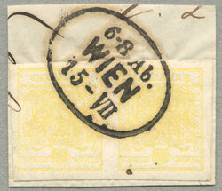 1850, 1kr gelb, MP, Type III, waagrechtes Paar auf Briefstück mit ...