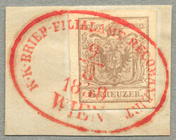 1858, 6 kr, braun, MP, Type III, auf Briefstück, leuchtend roter ...