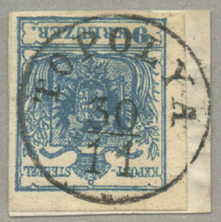 1850, 9kr, blue, on piece, TOPOLYA, fresh, XF! Estimate 200€.