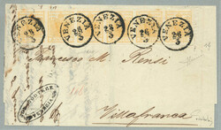 1850, 5 centes, orange, with five clear strikes of VENEZIA on a very ...