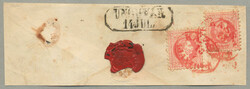 1867, 5+5 kr., piece red cancel KASSA AJANLOTT 13/7, aside UNGVAR/14 ...