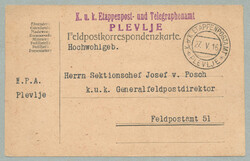 1916, fieldpost card from PLEVLJE to Feldpostamt 51, cancel KuK ...