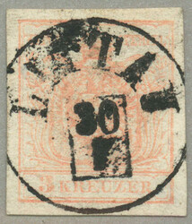 1850, 3kr, red, LITTAU - 40p, thin at lower right, good margins, F! ...