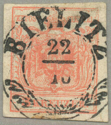 1850, 3kr, red, BIELITZ - 9p, good margins, VF! Schätzpreis 100€.