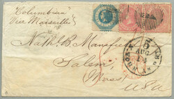 1859, Overland via Marseilles, 1s, blue + 4d dull rose (2), on cover ...