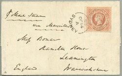 1859, Overland via Marseilles, 1s, pale red, imperf, with close to ...