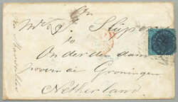 1865, Overland via Marseilles, 1 s. blue on blue paper, creased and ...