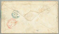 1865, Overland via Marseilles, 1 s. blue on blue paper, creased and ...