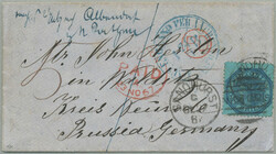 1867, Overland via Southampton, Laureate 1 s. blue on blue paper, on ...