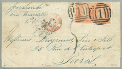 1857, Overland via Marseilles, 6 d. dull orange (2), with four good ...