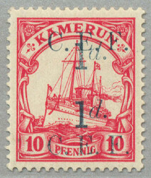 1915, 1 d on 10 Pfg., German stamp with blue DOUBLE opt/surcharge C.E ...