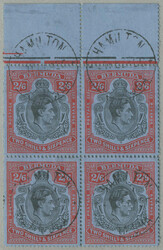 1938, block of (4), 2s.6d., black and red on grey-blue paper, wmk ...