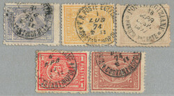 1872-5, five stamps, with different crispy clear cancellation types ...