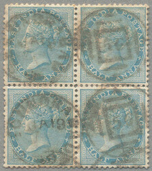1865, 1/2a., pale blue, block of (4), cancellation on left with ...