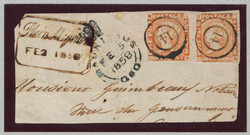 1858, 1d, red on greyish paper, pair, Post Paid issue, intermediate ...