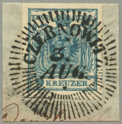 1850, 9kr., blue, CZERNOWITZ, Müller 475d, used on piece, fresh and ...