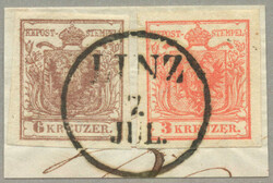 1850, 6 kr., brown and 3 kr., red, stamped LINZ / 7. / JUL., müller ...