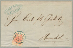 1856, 3kr, red, from MÜHLENBACH to HERMANNSTADT, cancel BLUE ...
