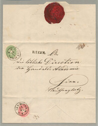 1865, 3 kr, grün, vorderseitig und 5 kr, rot, rückseitig auf ...