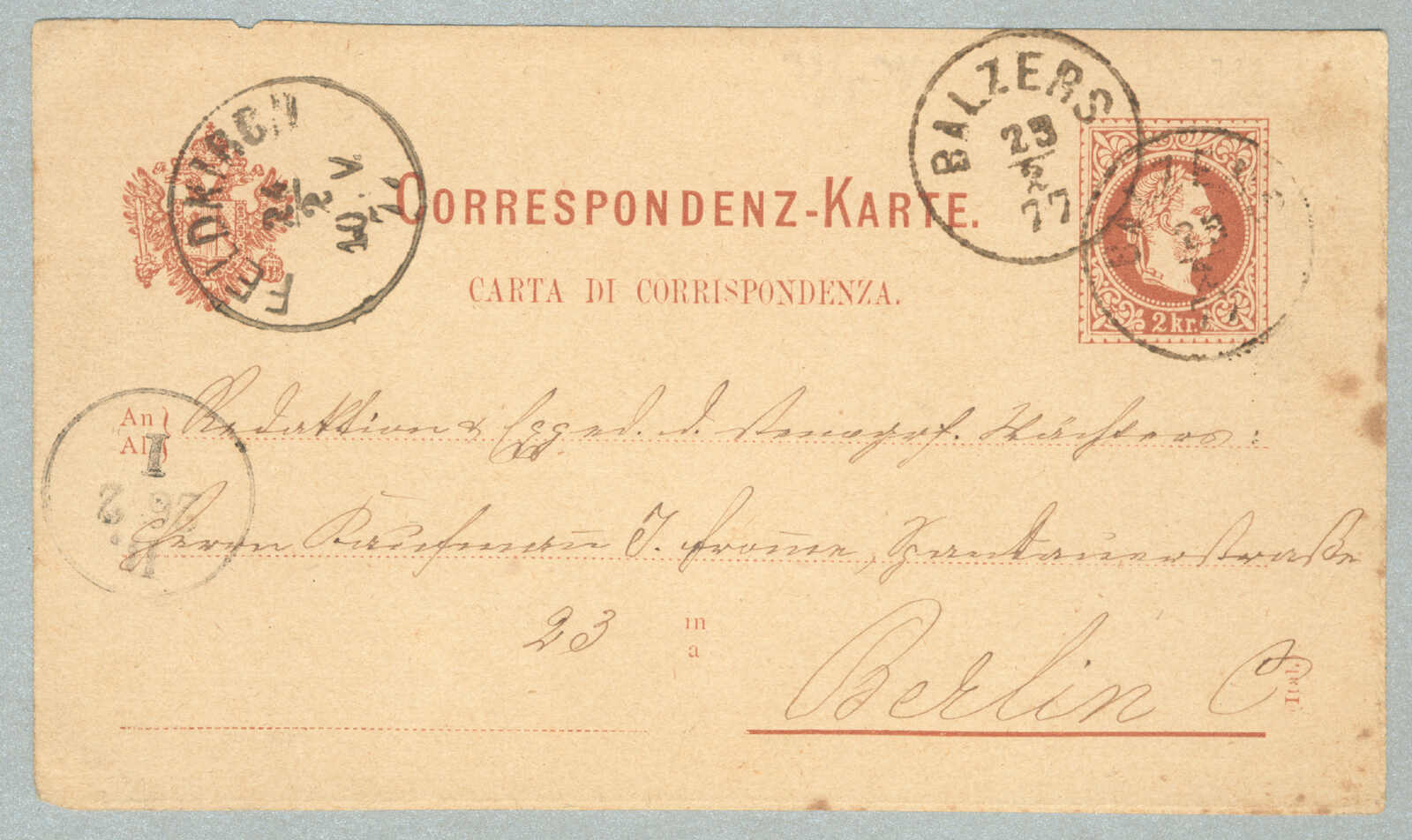 1877, Ganzsachen-Korrespondenzkarte zu 2 Kreuzer mit italienischer ...