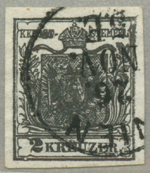 1850, 2kr, schwarz, unterlegte Mitte, Plattenfehler, Randdruck, ...