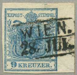 1850, 9kr, blau, kurzes Randstück 6mm, WIEN Stempel, Attest ...