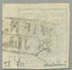 1850, 9kr, blau, kurzes Randstück 6mm, WIEN Stempel, Attest ...