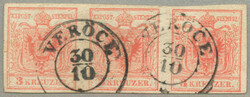 1850, 3 Kr., rot Dreierstreifen mit 2 klaren Abstempelungen VERÖCE, ...